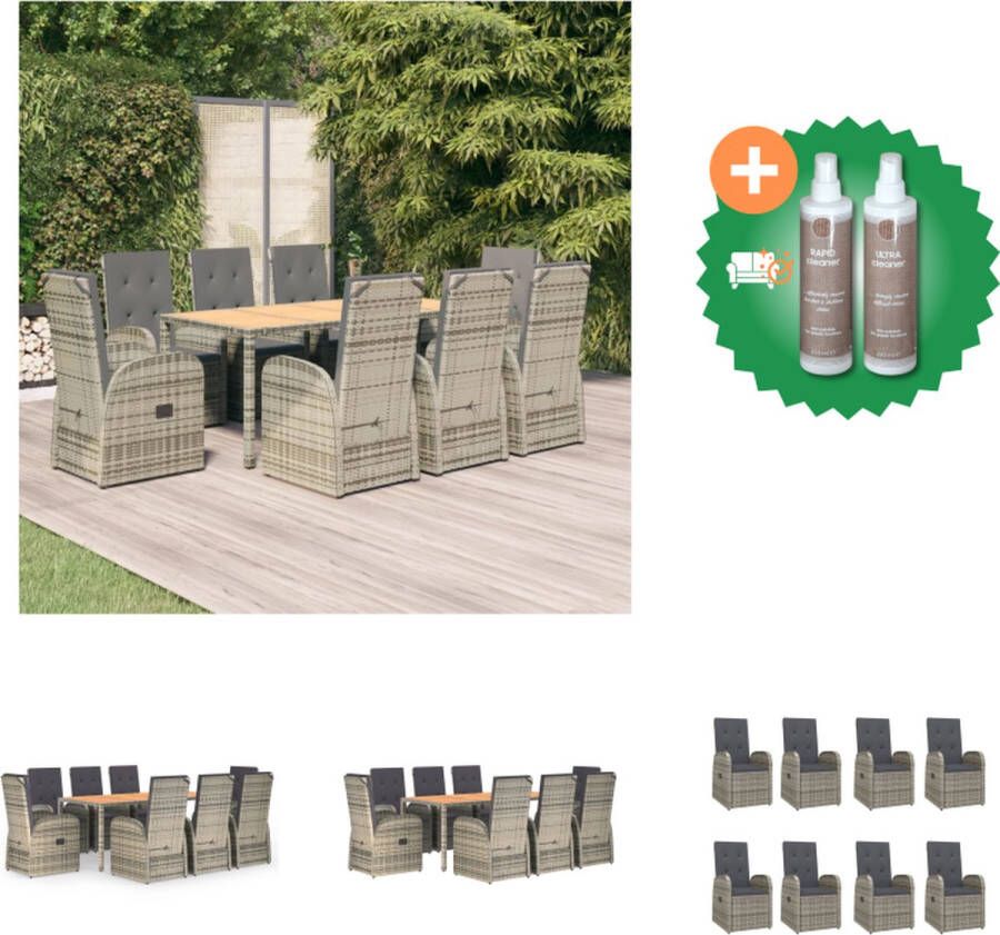 VidaXL 9 delige Tuinset met kussens poly rattan grijs Tuinstoel Inclusief Onderhoudsset