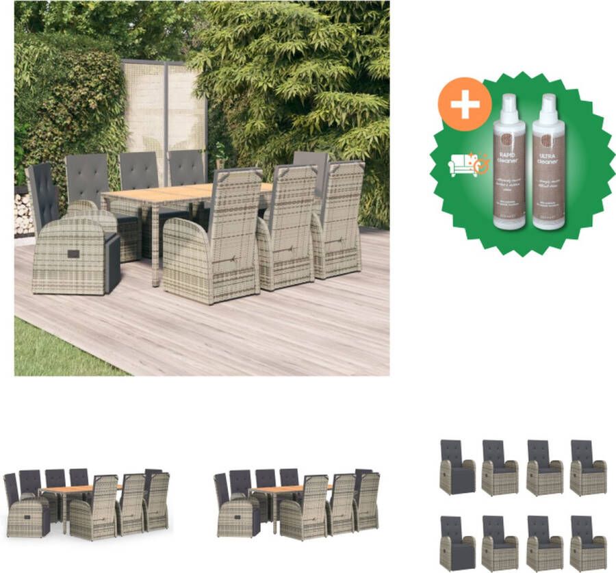 VidaXL 9 delige Tuinset met kussens poly rattan grijs Tuinstoel Inclusief Onderhoudsset