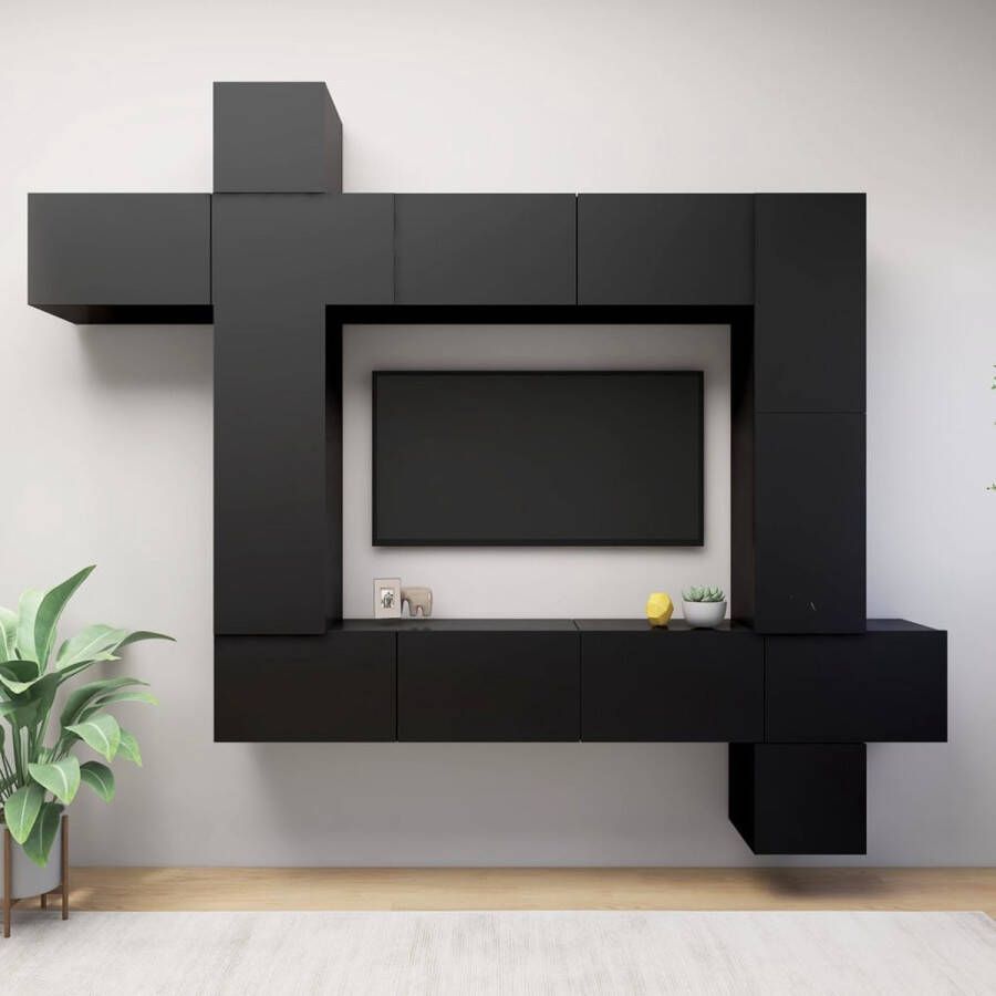 VIDAXL 9-delige Tv-meubelset bewerkt hout zwart