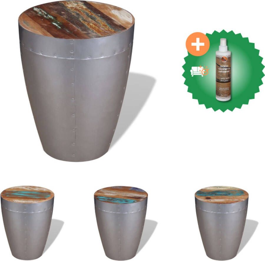 VidaXL Antieke Houten Kruk 36x44 cm Gerecycled Hout Aluminium Basis Bruin Krukje Inclusief Houtreiniger en verfrisser