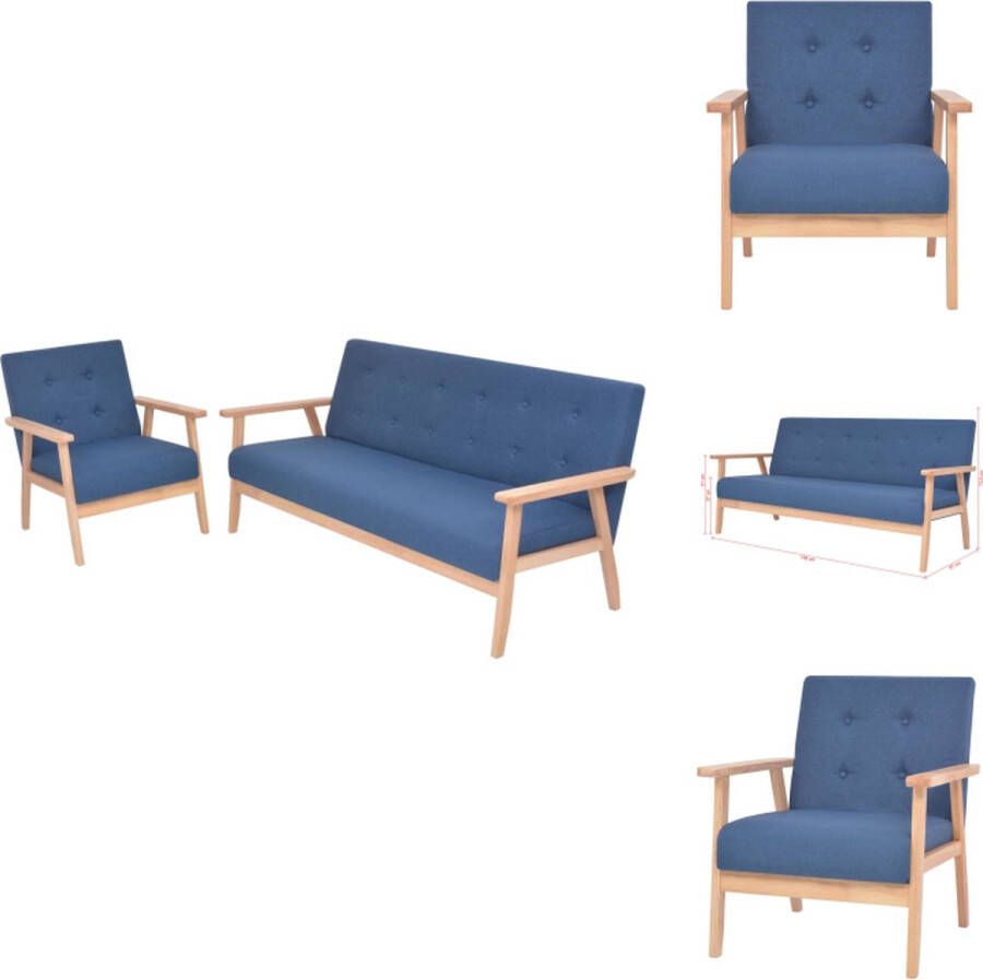 vidaXL Bankenset Blauw Houten frame Polyester stof Fauteuil en 3-zitsbank Eenvoudig te monteren Bank