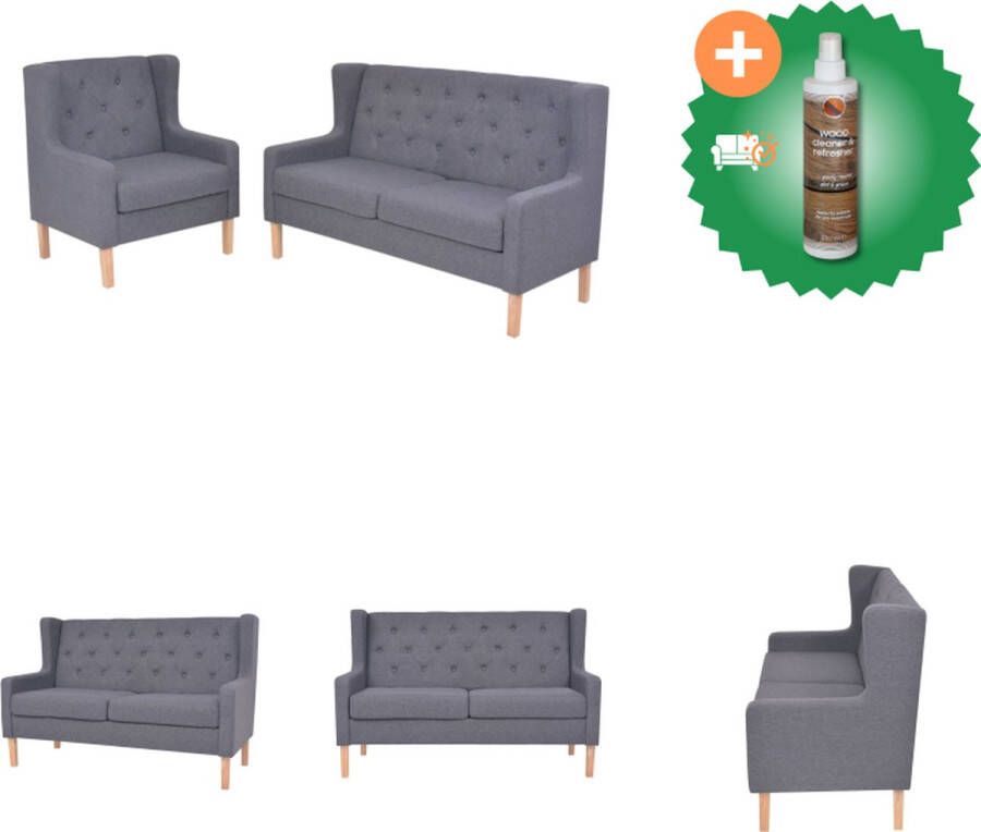 VidaXL Bankenset Comfort 2-zitsbank en fauteuil grijs massief houten frame polyesterstof Bank Inclusief Houtreiniger en verfrisser