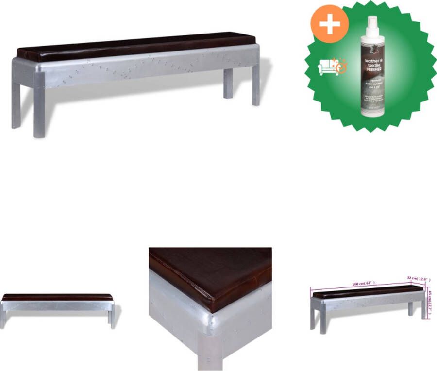 VidaXL Bankje Aviationsstijl 160x32x45 cm Bruin Zilver Geitenleer en Aluminium Hocker Inclusief Reiniger