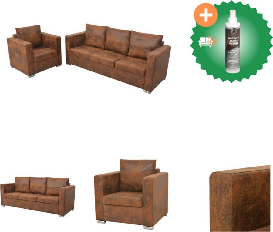 VidaXL Bankstel Bruin Houten frame Kunstsuède bekleding Vintage suède-look 3-zitsbank en fauteuil Bank Inclusief Reiniger