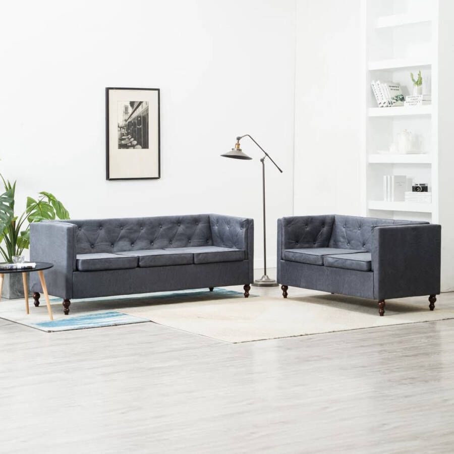 VidaXL -Bankstel-Chesterfield-stijl-stoffen-bekleding-grijs-2-delig - Foto 2