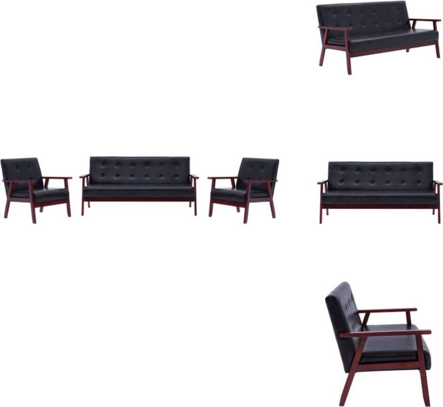 VidaXL Bankstel Zwart 3-zitsbank en 2 fauteuils Massief houten frame Kunstleer Bank