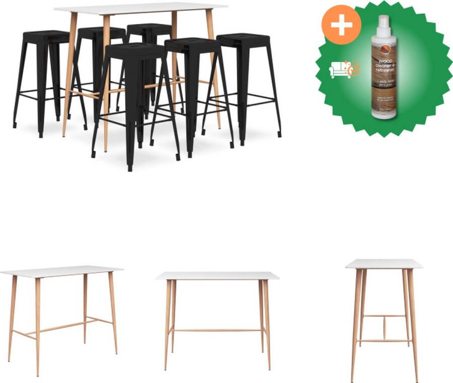 VidaXL barset Bartafel wit 120x60x105 cm MDF en metaal + 6x barkruk zwart 43x43x77 cm metaal Set tafel en stoelen Inclusief Houtreiniger en verfrisser