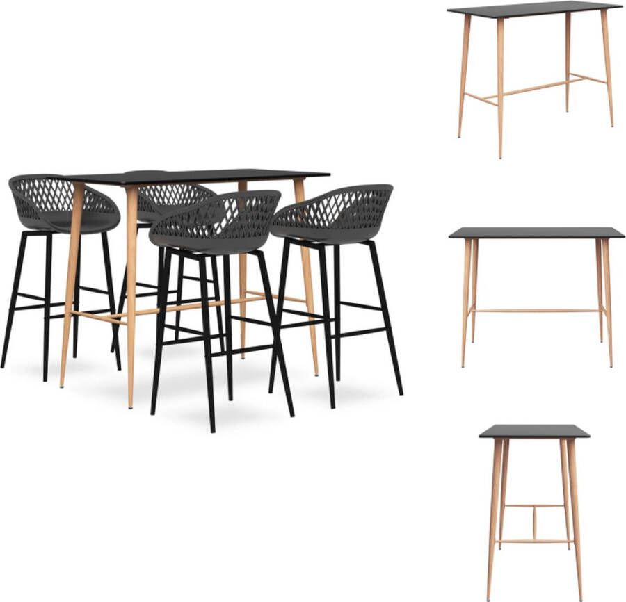VidaXL Barset Bartafel zwart MDF en metaal 120x60x105cm 4 barkrukken grijs PP en metaal 48x47.5x95.5cm Set tafel en stoelen