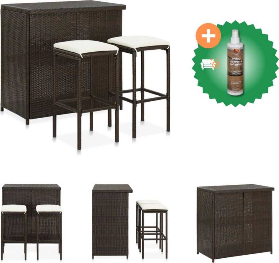 VidaXL Barset bruin PE-rattan en staal 102 x 60 x 105 cm inclusief krukken en kussens Set tafel en stoelen Inclusief Houtreiniger en verfrisser