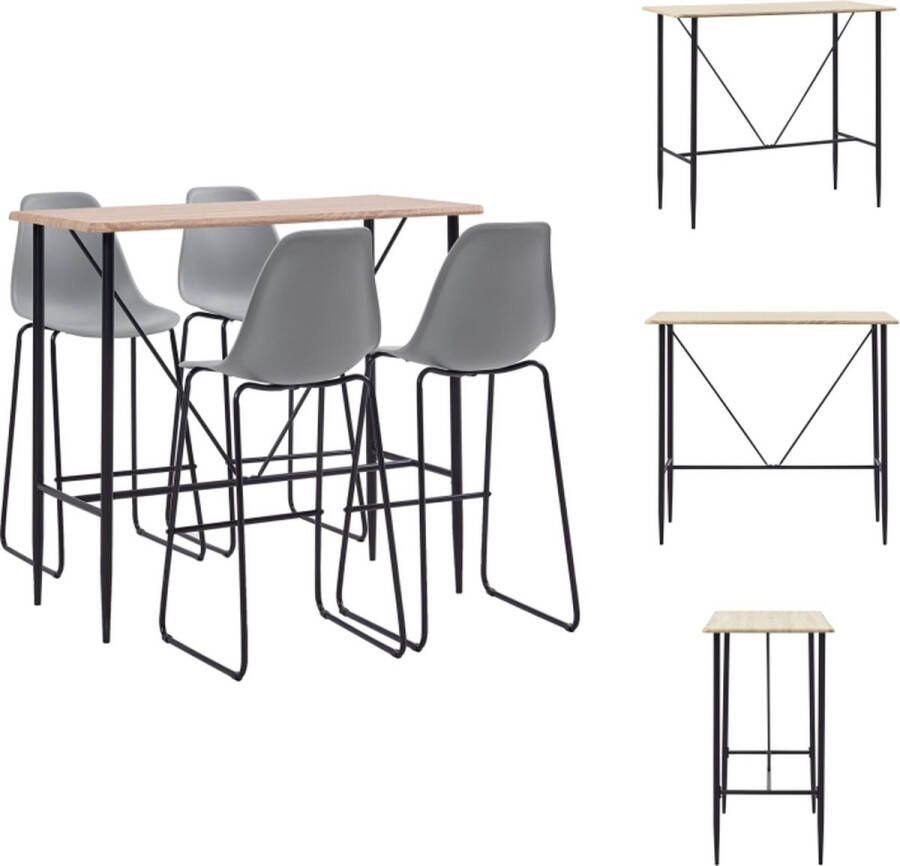 VidaXL Barset eiken MDF tafelblad gepoedercoat stalen frame 4 barstoelen grijs kunststof zitting geïntegreerde rugleuning moderne look Set tafel en stoelen