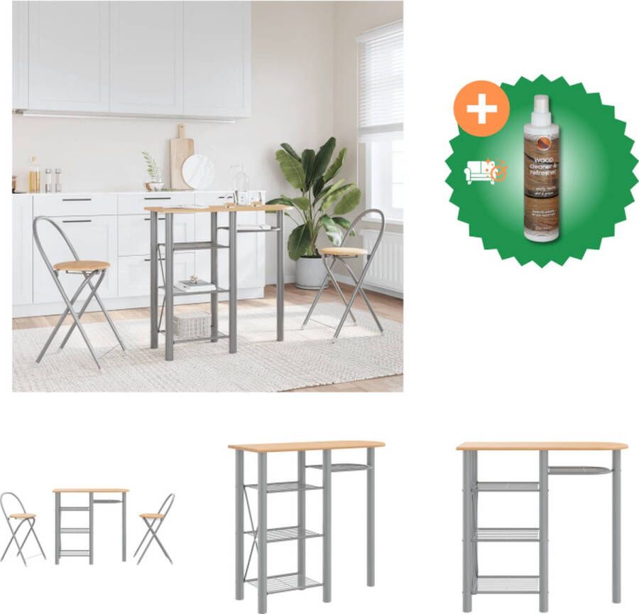 VidaXL Barset Grijs en bruin Gemaakt van bewerkt hout en ijzer Afmetingen bartafel- 85 x 35 x 80 cm Afmetingen barstoel- 37 x 41 x 76 cm Inklapbare stoel Montage vereist Set tafel en stoelen Inclusief Houtreiniger en verfrisser