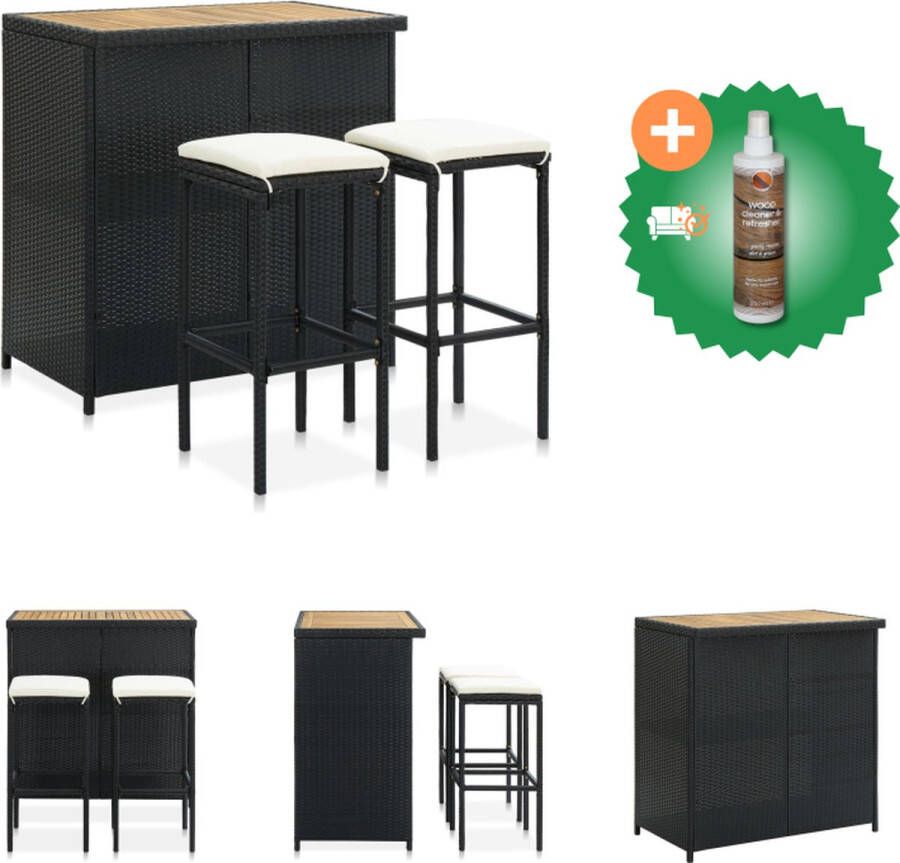 VidaXL Barset PE-rattan staal en massief acaciahout Zwart 102 x 60 x 105 cm Bartafel 2 barkrukken Set tafel en stoelen Inclusief Houtreiniger en verfrisser