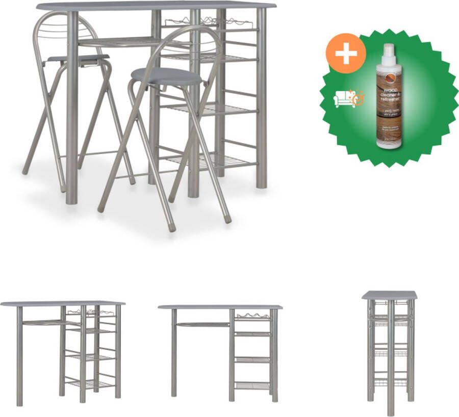 VidaXL Barset Vierdeurs Hout Staal Grijs Zilver 117x40x85 cm 2 Stoelen 110 kg draagvermogen Set tafel en stoelen Inclusief Houtreiniger en verfrisser - Foto 2