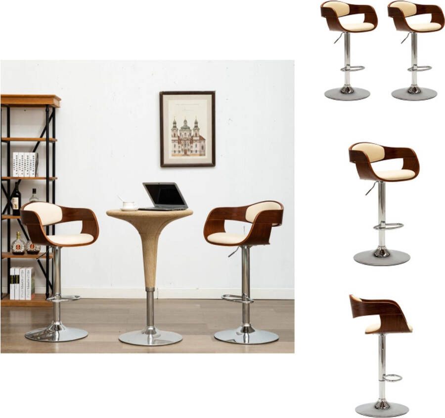 VidaXL Barstoel Set van 2 49.5x50.5x(87-108)cm Crème en bruin Gebogen hout en verchroomd metaal Kunstleer Barkruk
