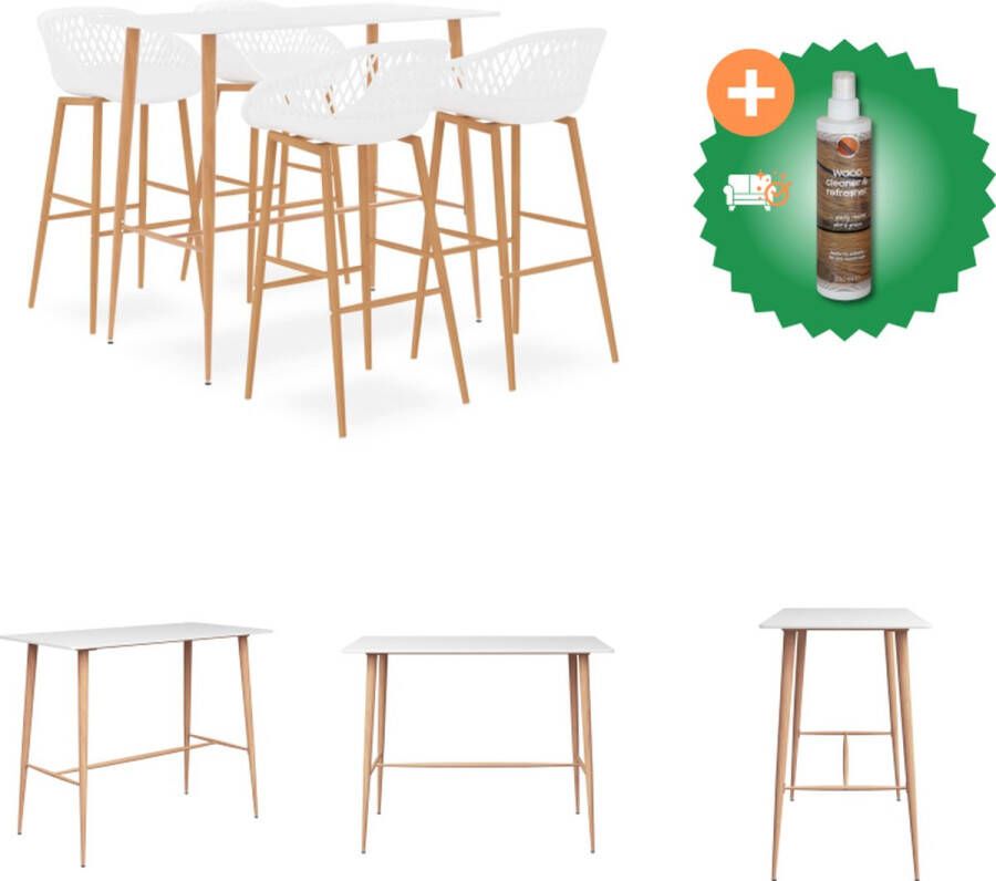 VidaXL Bartafel 120x60x105cm MDF en metaal wit + 4 barkrukken 48x47.5x95.5cm PP en metaal wit hout-look poten Set tafel en stoelen Inclusief Houtreiniger en verfrisser