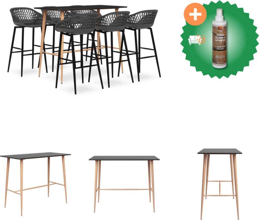 VidaXL Bartafel Barset Zwart MDF en Metaal 120x60x105 cm 6 Barkrukken Grijs PP en Metaal 48x47.5x95.5 cm Set tafel en stoelen Inclusief Houtreiniger en verfrisser