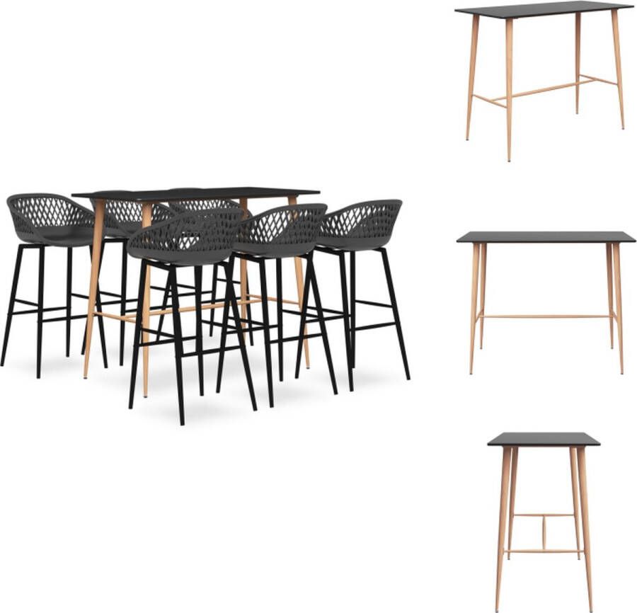 VidaXL Bartafel Barset Zwart MDF en Metaal 120x60x105 cm 6 Barkrukken Grijs PP en Metaal 48x47.5x95.5 cm Set tafel en stoelen