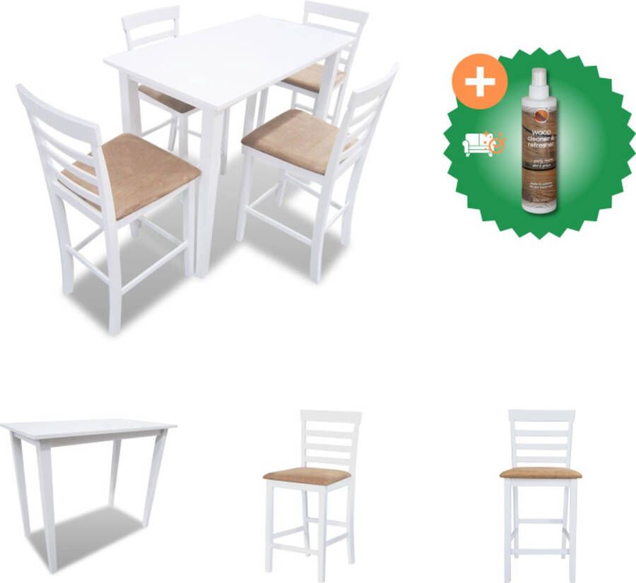 VidaXL Bartafel Complete set 110 x 60 x 90.8 cm Rustieke charme Wit 4 barstoelen 41 x 49 x 96 cm Comfortabele zitting Rubberhouten frame Polyester bekleding Set tafel en stoelen Inclusief Houtreiniger en verfrisser