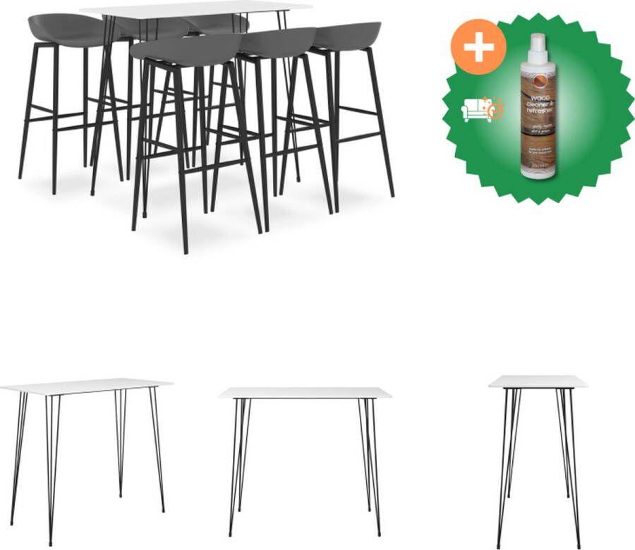 VidaXL Bartafel en 6 barkrukken wit MDF en metaal 120 x 60 x 105 cm grijs PP en metaal 48 x 47.5 x 95.5 cm lage rugleuning Set tafel en stoelen Inclusief Houtreiniger en verfrisser