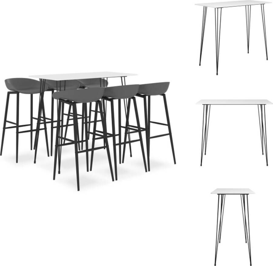 VidaXL Bartafel en 6 barkrukken wit MDF en metaal 120 x 60 x 105 cm grijs PP en metaal 48 x 47.5 x 95.5 cm lage rugleuning Set tafel en stoelen
