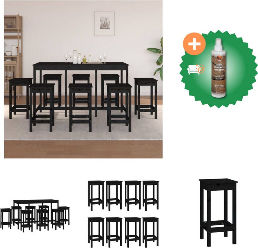 VidaXL Bartafel Grenenhout Zwart 180x80x110 cm 8 Barstoelen Massief grenenhout Praktisch ontwerp Set tafel en stoelen Inclusief Houtreiniger en verfrisser
