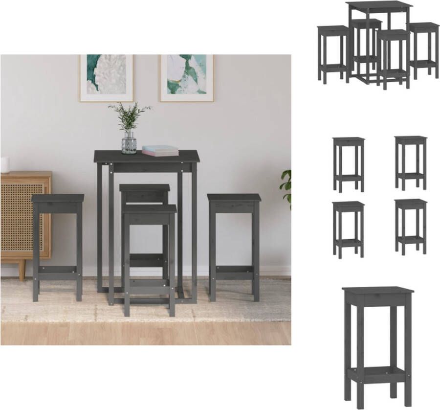 VidaXL Bartafel Grijs 80x80x110 cm Massief Grenenhout Stabiel Frame Stevig Blad Inclusief Montagehandleiding 4x Barstoel Set tafel en stoelen