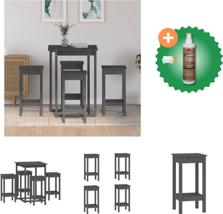 VidaXL Bartafel Grijs 80x80x110 cm Massief Grenenhout Stabiel Frame Stevig Blad Inclusief Montagehandleiding 4x Barstoel Set tafel en stoelen Inclusief Houtreiniger en verfrisser