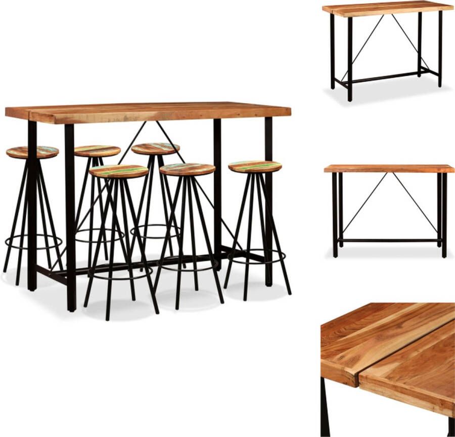 VidaXL Bartafel Industriële Stijl 150x70x107 cm Massief Acaciahout en Staal Inclusief 6 Barkrukken 30x76 cm Set tafel en stoelen