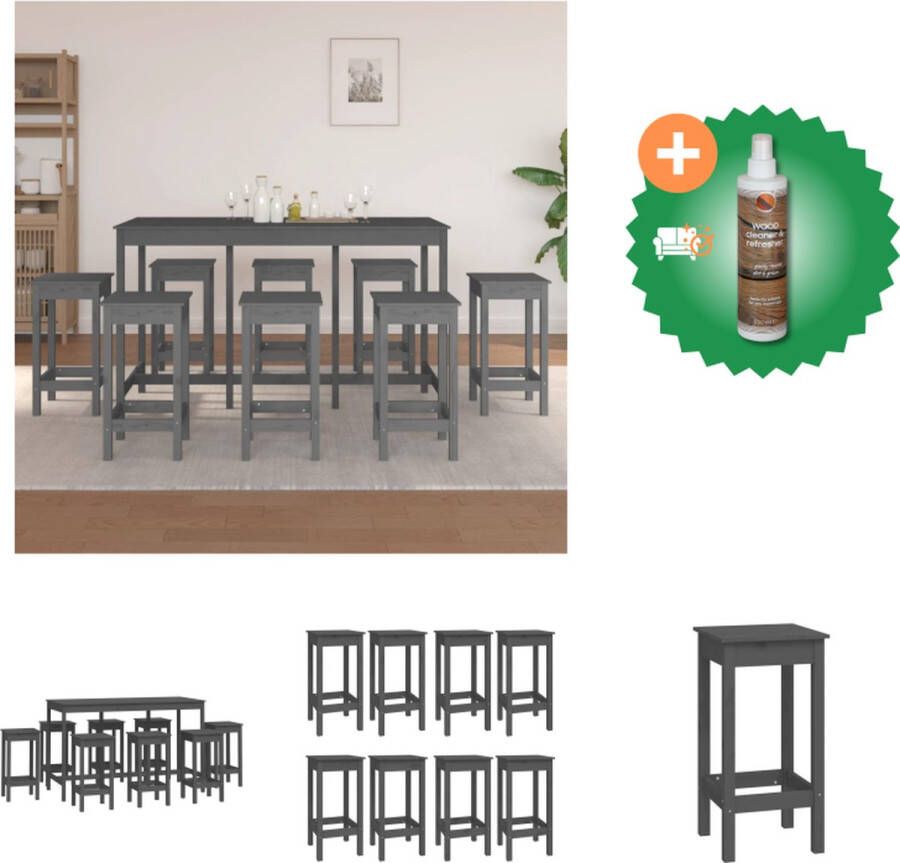 VidaXL Bartafel Rustiek Massief Grenenhout 180 x 80 x 110 cm Grijs 8 Barstoelen Set tafel en stoelen Inclusief Houtreiniger en verfrisser