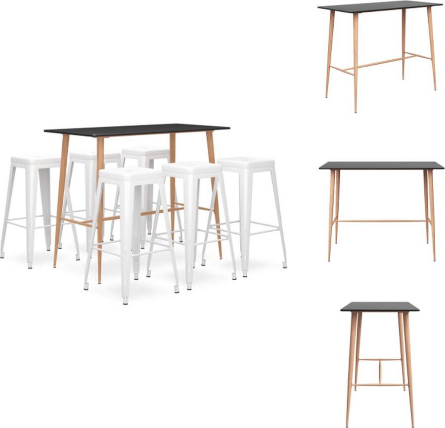 VidaXL Bartafel Statafel Set 120 x 60 x 105 cm Zwart MDF en metaal 6 Barkrukken 43 x 43 x 77 cm Wit Metaal Set tafel en stoelen