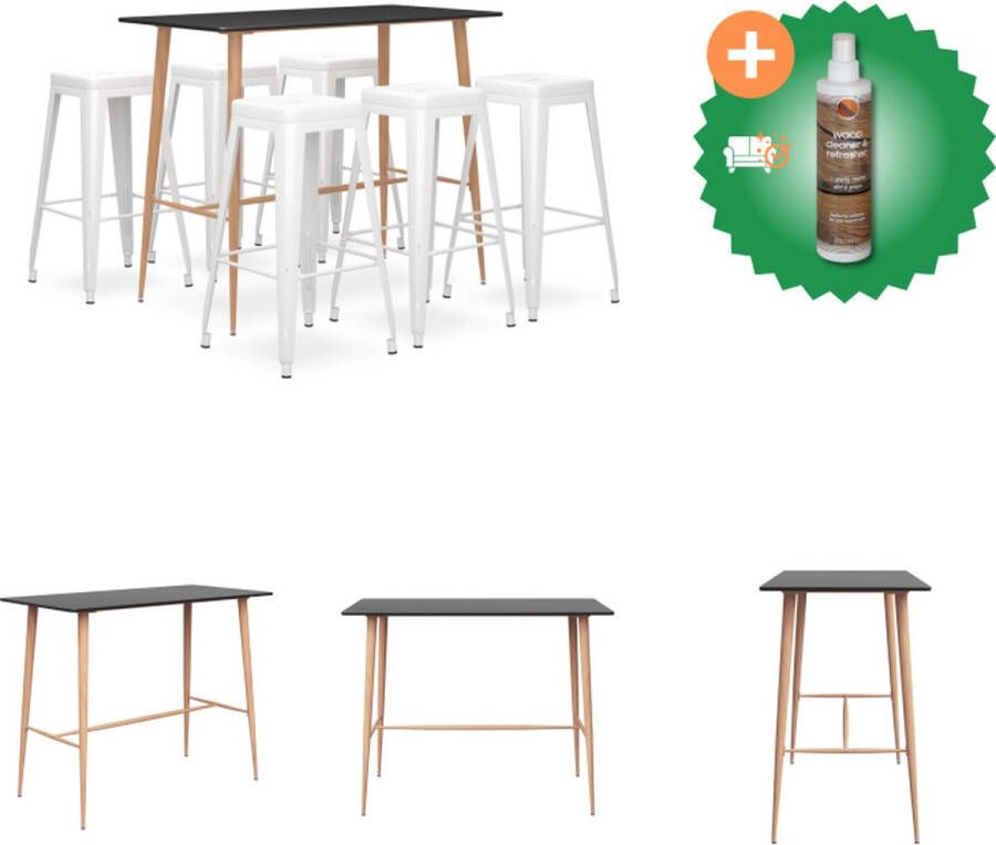 VidaXL Bartafel Statafel Set 120 x 60 x 105 cm Zwart MDF en metaal 6 Barkrukken 43 x 43 x 77 cm Wit Metaal Set tafel en stoelen Inclusief Houtreiniger en verfrisser