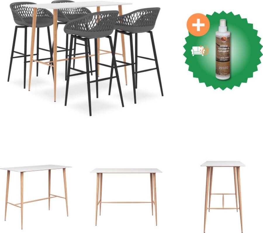 VidaXL Bartafel wit 120 x 60 x 105 cm MDF en metaal Barkruk grijs 48 x 47.5 x 95.5 cm PP en metaal 74.5 cm zithoogte Set tafel en stoelen Inclusief Houtreiniger en verfrisser