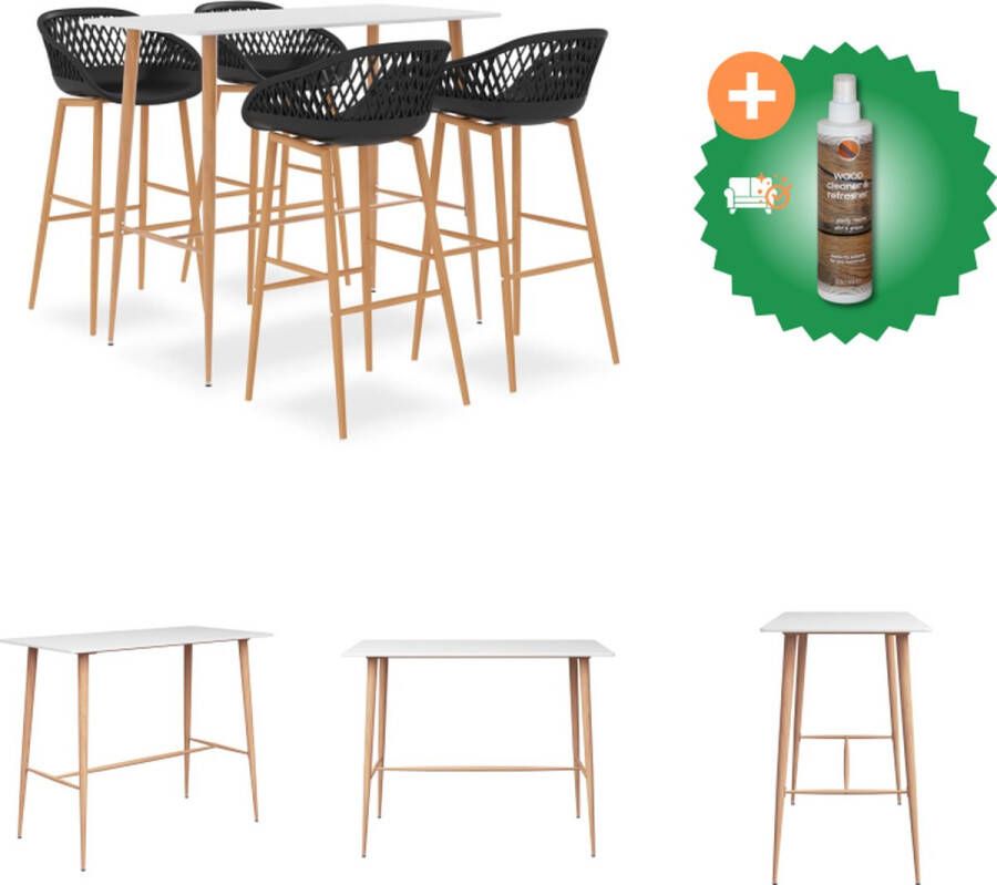 VidaXL Bartafel Wit 120x60x105 cm MDF en Metaal Poten met Hout-look Inclusief 4 Barkrukken+Zwart 48x47.5x95.5 cm PP en Metaal 74.5 cm Zithoogte Lage Rugleuning met Mesh-look Set tafel en stoelen Inclusief Houtreiniger en verfrisser
