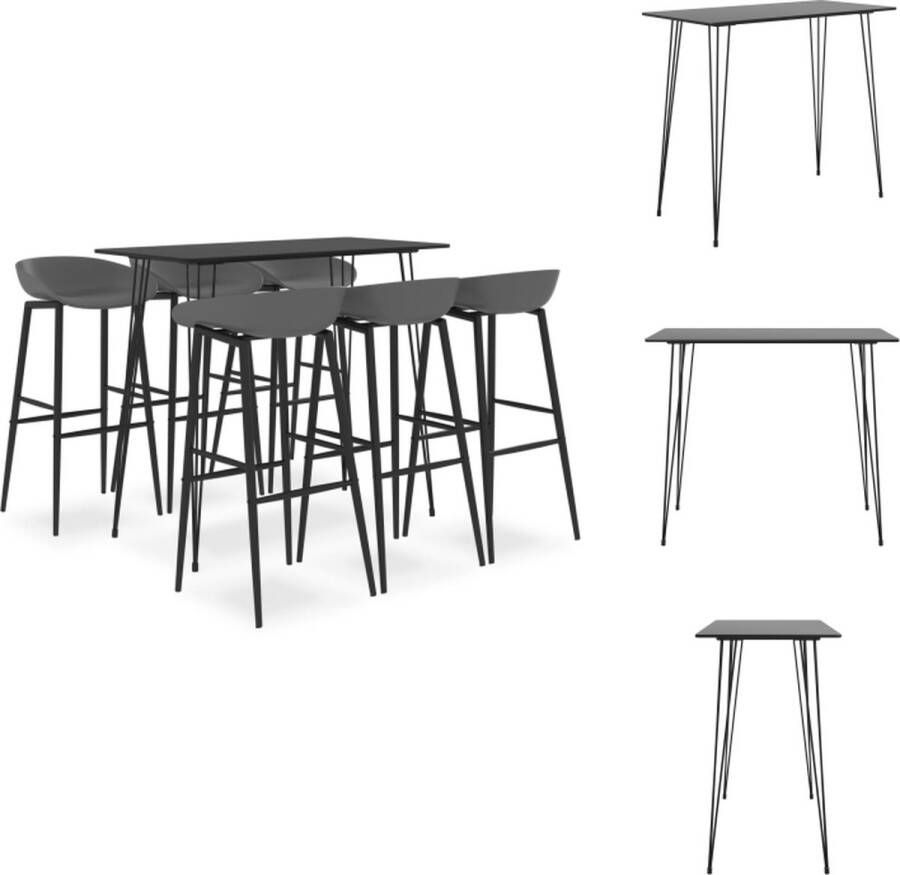VidaXL Bartafel Zwart MDF en Metaal 120 x 60 x 105 cm Inclusief 6 Barkrukken Grijs PP en Metaal 48 x 47.5 x 95.5 cm Set tafel en stoelen