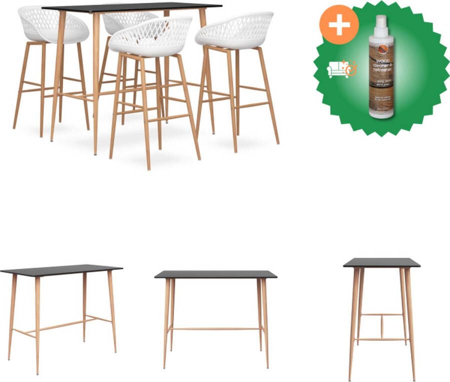 VidaXL Bartafel zwart MDF en metaal 120 x 60 x 105 cm Poten met hout-look Incl 4 witte barkrukken PP en metaal 48 x 47.5 x 95.5 cm Zithoogte 74.5 cm Set tafel en stoelen Inclusief Houtreiniger en verfrisser