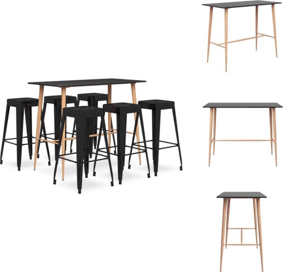 VidaXL Bartafel Zwart MDF en metaal 120 x 60 x 105 cm Poten met hout-look Inclusief 6 barkrukken Stapelbaar Voetensteun Montage vereist Set tafel en stoelen