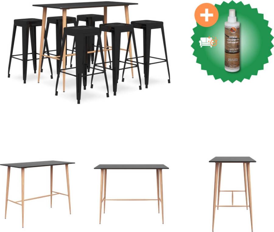 VidaXL Bartafel Zwart MDF en metaal 120 x 60 x 105 cm Poten met hout-look Inclusief 6 barkrukken Stapelbaar Voetensteun Montage vereist Set tafel en stoelen Inclusief Houtreiniger en verfrisser