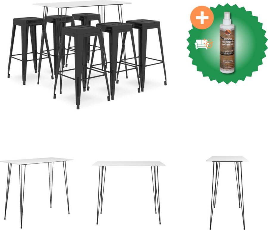 VidaXL Bartafelset wit MDF en metaal 120 x 60 x 105 cm 6x stapelbare barkrukken zwart metaal 43 x 43 x 77 cm Set tafel en stoelen Inclusief Houtreiniger en verfrisser