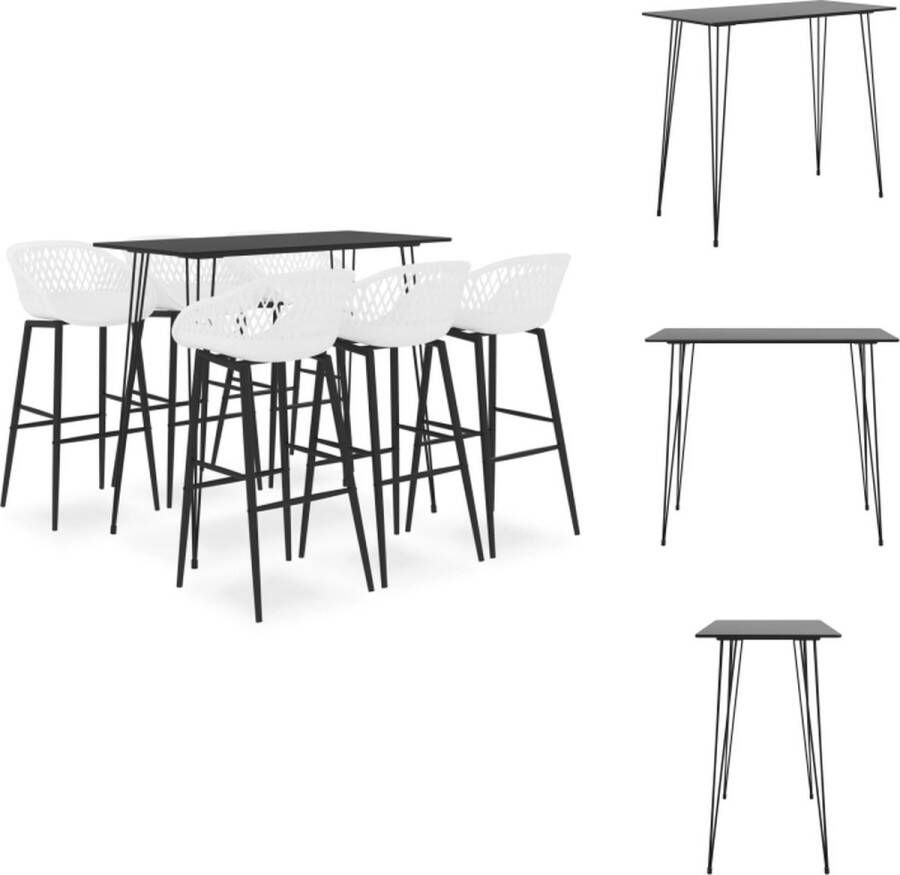 VidaXL Bartafelset Zwart 120 x 60 x 105 cm MDF en metaal 6 x barkruk Wit 48 x 47.5 x 95.5 cm PP en metaal Set tafel en stoelen