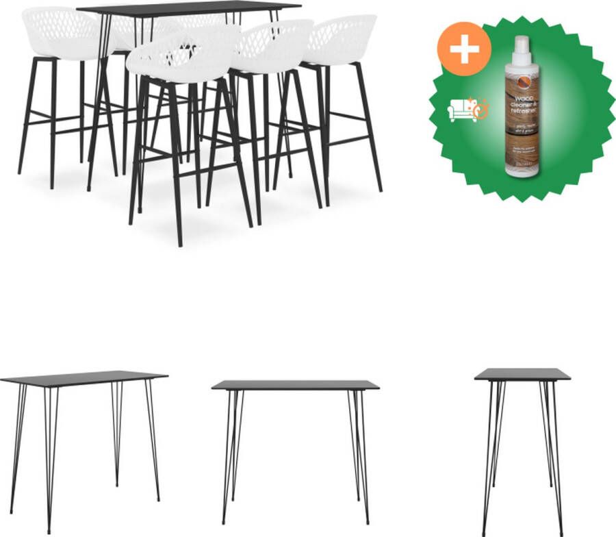 VidaXL Bartafelset Zwart 120 x 60 x 105 cm MDF en metaal 6 x barkruk Wit 48 x 47.5 x 95.5 cm PP en metaal Set tafel en stoelen Inclusief Houtreiniger en verfrisser