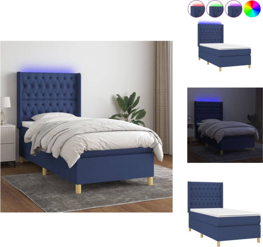 VidaXL Bed Blauw s Boxspring 100x200 cm LED Pocketvering Matras Huidvriendelijk Topmatras Bed - Foto 1