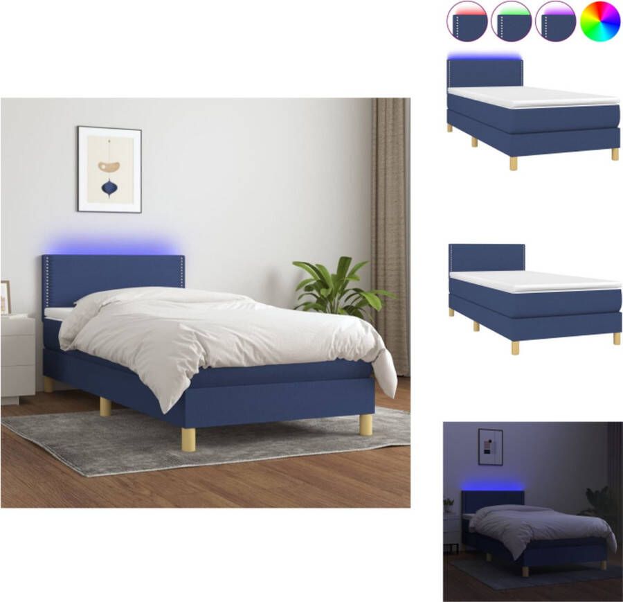VidaXL Bed Blauw Stof 193x90x78 88cm Met LED-verlichting en Pocketvering Matras Bed