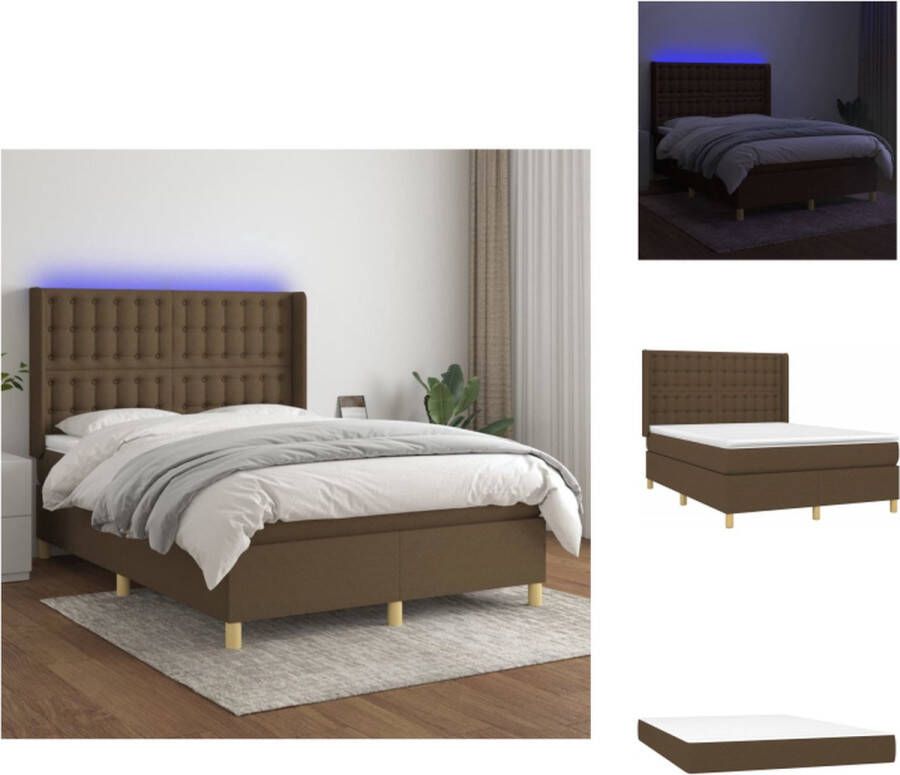 VidaXL Bed Boxspring 140x190 cm LED Donkerbruin Pocketvering matras Huidvriendelijk topmatras Bed