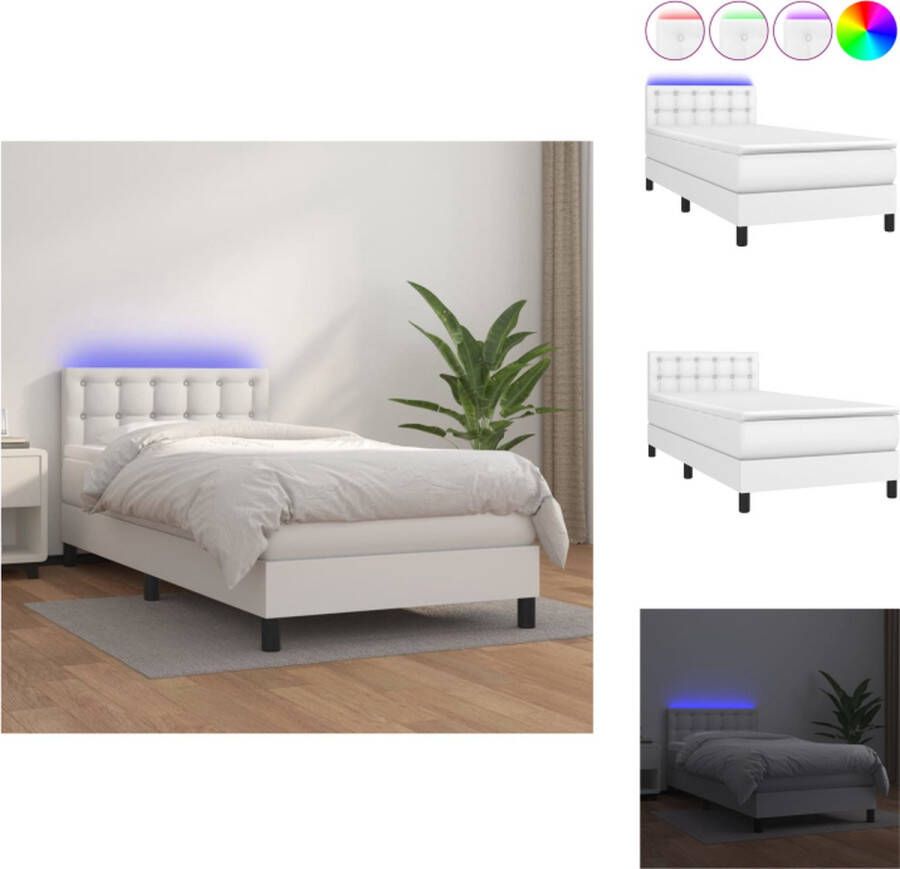 VidaXL Bed Boxspring 203 x 100 cm Duurzaam kunstleer Verstelbaar hoofdbord LED-verlichting Pocketvering matras Huidvriendelijk topmatras Wit Bed