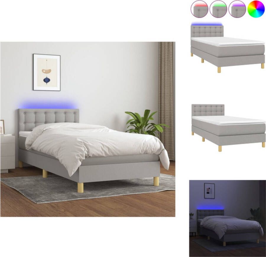 VidaXL Bed Boxspring 203 x 100 x 78 88 cm Lichtgrijs Pocketvering matras Huidvriendelijk topmatras Kleurrijke LED-verlichting Bed