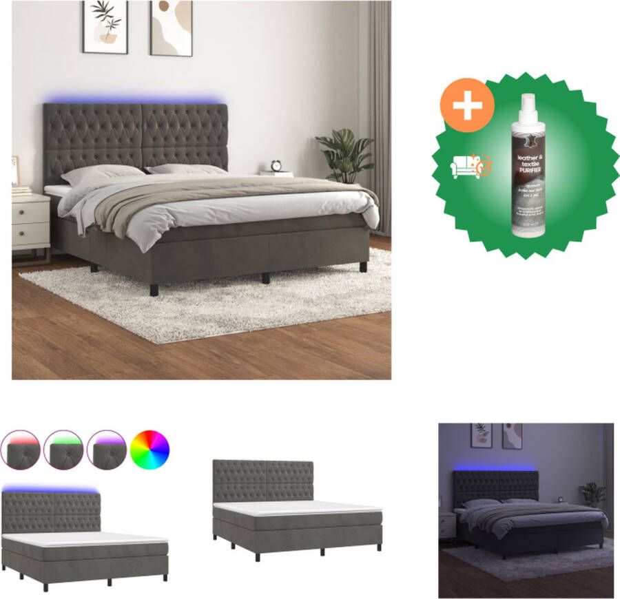 VidaXL Bed Boxspring 203 x 160 x 118 128 cm Donkergrijs Fluweel Pocketvering Matras Huidvriendelijk Topmatras Kleurrijke LED-verlichting Bed Inclusief Reiniger