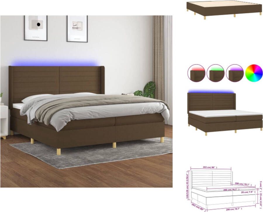 vidaXL Bed Boxspring 203 x 203 x 118 128 cm LED verlichting Pocketvering Huidvriendelijk Donkerbruin Stof (100% polyester) Bed