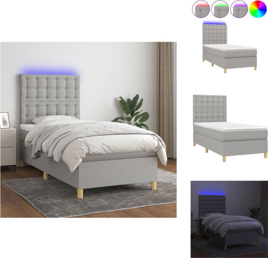 VidaXL Bed Boxspring 203x100x118 128cm LED-licht Pocketvering matras Huidvriendelijk topmatras Lichtgrijs Bed