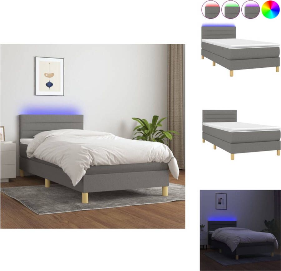 VidaXL Bed boxspring 203x100x78 88 cm Donkergrijs 100% polyester Pocketvering matras LED-verlichting Bed