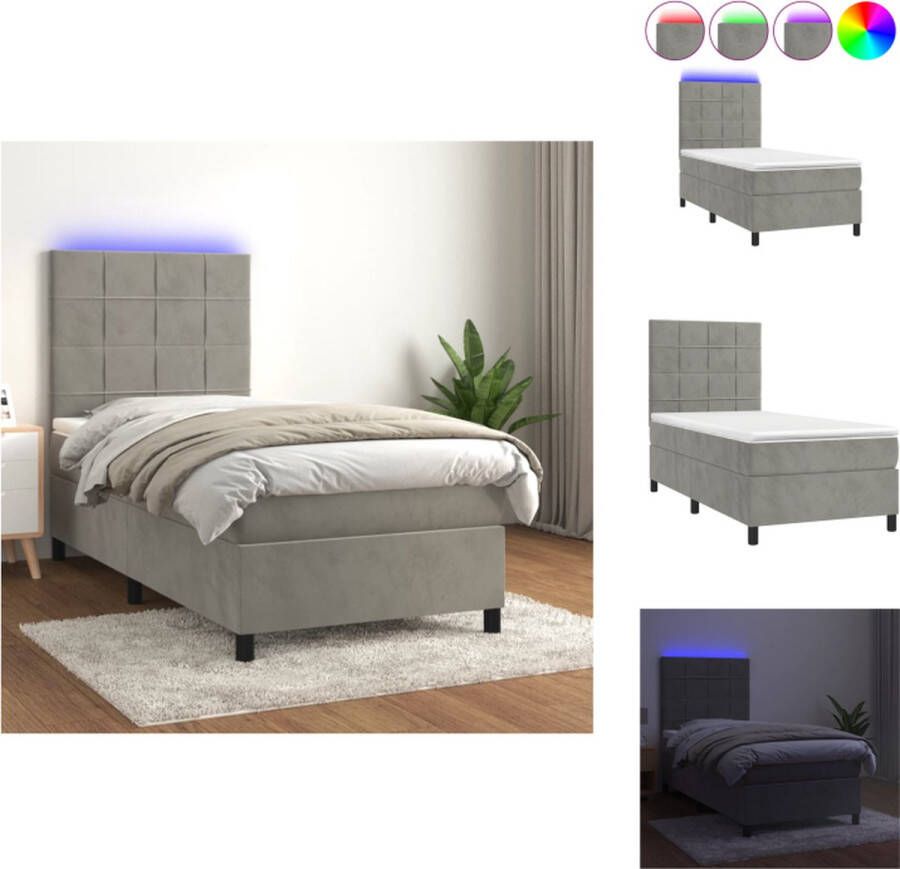 VidaXL Boxspring Bed Lichtgrijs Fluweel 203x90x78 88cm Verstelbaar hoofdbord Kleurrijke LED-verlichting Pocketvering matras Huidvriendelijk topmatras Inclusief montagehandleiding Bed - Foto 2
